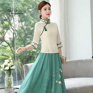 Hanfu New Ancient Style Chinese Style Embroidery Women's Two-Piece Suit Improved Cheongsam Stand Collar Soft Skin-Friendly Dress