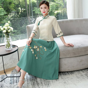 Hanfu New Ancient Style Chinese Style Embroidery Women's Two-Piece Suit Improved Cheongsam Stand Collar Soft Skin-Friendly Dress