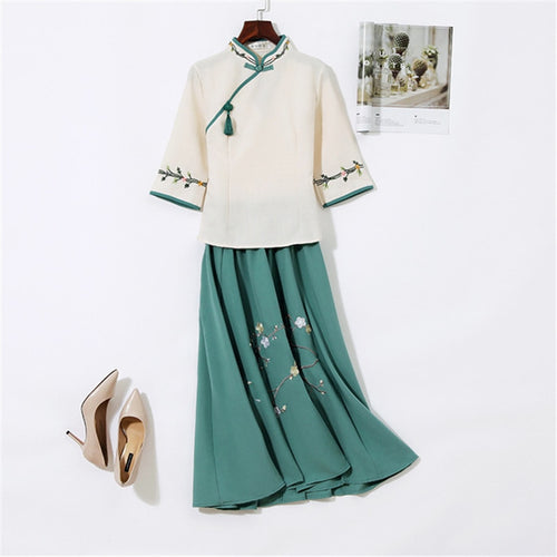 Hanfu new ancient style women's two-piece suit Chinese style embroidery improved cheongsam stand collar soft skin-friendly dress