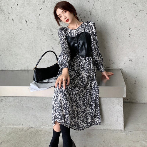 Harajuku Dress Women Vintage 2021 New Long Sleeve Floral Chiffon Dress+PU Leather vest Two-piece Suit Women Clothing