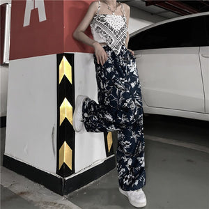 Harajuku Retro Straight Dark Blue Floral Wide Leg Pants Pantalon Femme Gothic Trousers Women Streetwear Punk Korean Young New