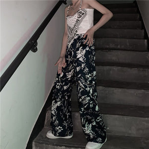 Harajuku Retro Straight Dark Blue Floral Wide Leg Pants Pantalon Femme Gothic Trousers Women Streetwear Punk Korean Young New