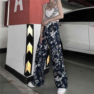 Harajuku Retro Straight Dark Blue Floral Wide Leg Pants Pantalon Femme Gothic Trousers Women Streetwear Punk Korean Young New