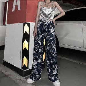 Harajuku Retro Straight Dark Blue Floral Wide Leg Pants Pantalon Femme Gothic Trousers Women Streetwear Punk Korean Young New