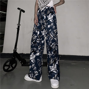 Harajuku Retro Straight Dark Blue Floral Wide Leg Pants Pantalon Femme Gothic Trousers Women Streetwear Punk Korean Young New