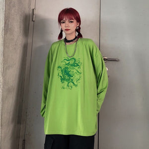 Harajuku vintage Fun dragon women T-shirt short sleeve Tees Ulzzang dropshipping clothes vegan Cotton gothic mesh top punk shirt