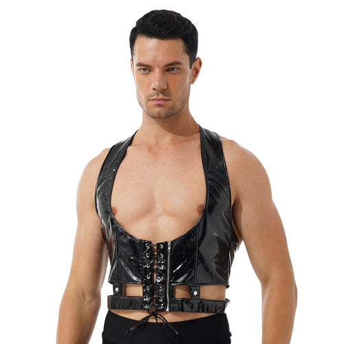 Harness Mens Lingerie Sexy Patent Leather Vest Gothic Steampunk Lace-Up Front Harness Belt Adjustable Buckle Back Tops Clubwear