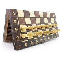 Load image into Gallery viewer, Chesse International Chess Game Super Checkers 3 in 1 Chess Wooden Travel Chess Set Folding Chessboard Backgammon