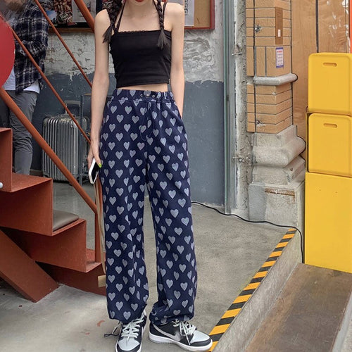 Heart Print High Waist Wide Leg Women Pants Houndstooth Printed Loose Casual Ladies Trousers Summer Female Bottom Sweet Fashion