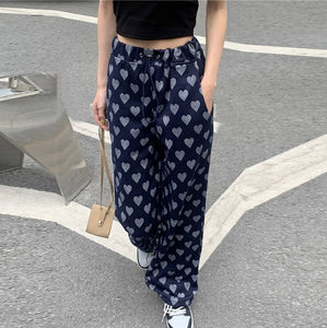 Heart Print High Waist Wide Leg Women Pants Houndstooth Printed Loose Casual Ladies Trousers Summer Female Bottom Sweet Fashion