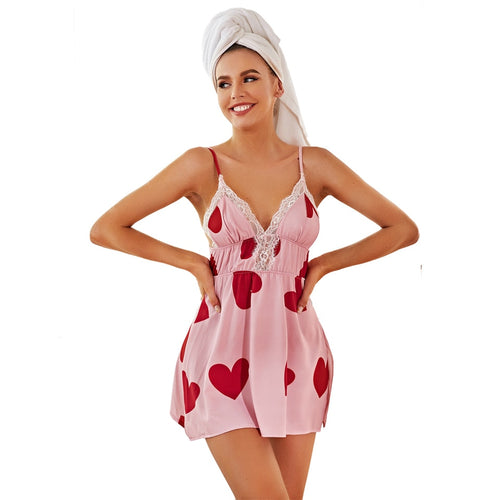 Heart Print Sleepwear Split Hem Nightdress Full Slip Lace Lounge Dress Womens Chemise Sexy Nighties
