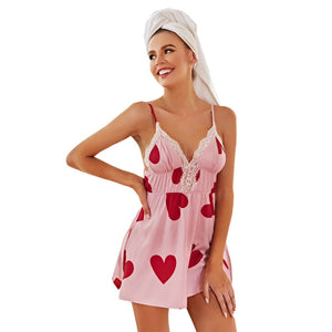 Heart Print Sleepwear Split Hem Nightdress Full Slip Lace Lounge Dress Womens Chemise Sexy Nighties
