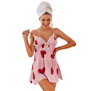 Heart Print Sleepwear Split Hem Nightdress Full Slip Lace Lounge Dress Womens Chemise Sexy Nighties