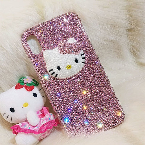 Hello Kitty Suitable for iPhone 11 12 13 Pro Max iPhone Xs Handmade Phone Case 8 plus Pink Rhinestone Cat Head