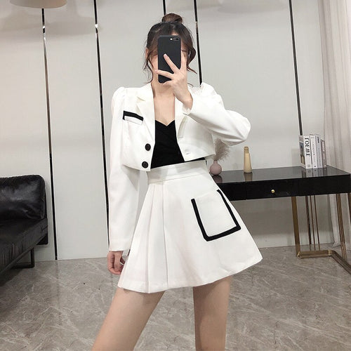 Hepburn Style Autumn Suit Women Short Jacket + Pleated High Waist A-Line Skirt Female 2-Piece Sets