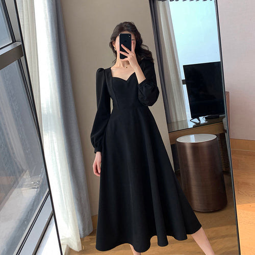 Hepburn Style Little Black Dress Female 2021 Spring and Autumn New Retro V-neck Long Over-the-knee Black Temperament Dress Long