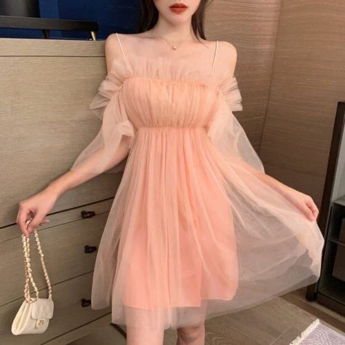 Heydress Loose Pretty Party Korean Dress 2021 Summer Solid Sweet Strap Dress Women Elegant Slash Neck Princess Sexy Mini Dress