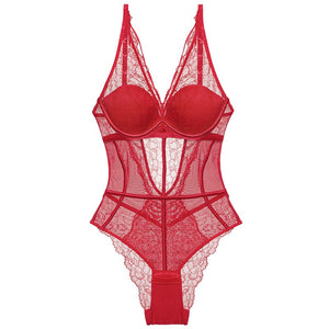 High Cut Sexy Body Women Lingerie Thin-Padded Bodysuit Strappy Cup Underwire Bra and Brief Set Hollow Out Back Underwear