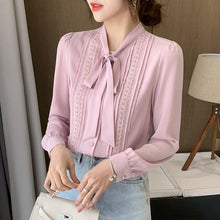 Load image into Gallery viewer, High-End Autumn Bow Tie Women Chiffon Shirt Fashion Casual Long Sleeves Office Lady Loose Blouses Elegant Slim Clothing
