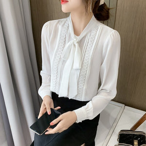 High-End Autumn Bow Tie Women Chiffon Shirt Fashion Casual Long Sleeves Office Lady Loose Blouses Elegant Slim Clothing