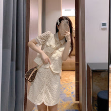 Load image into Gallery viewer, High End Luxury 2 Pieces Set Pearls Buttons Lace Flower Top Short Sleeve Women Shirt+high Waist Mini Skirt