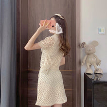 Load image into Gallery viewer, High End Luxury 2 Pieces Set Pearls Buttons Lace Flower Top Short Sleeve Women Shirt+high Waist Mini Skirt