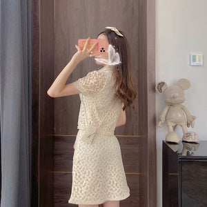 High End Luxury 2 Pieces Set Pearls Buttons Lace Flower Top Short Sleeve Women Shirt+high Waist Mini Skirt