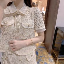 Load image into Gallery viewer, High End Luxury 2 Pieces Set Pearls Buttons Lace Flower Top Short Sleeve Women Shirt+high Waist Mini Skirt