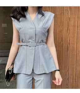 High Quality 2021 Summer 2 Piece Set Elegant Office Lady Sleeveless Slim Blouse And OL Work Long Pants Suit Female