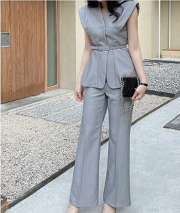 High Quality 2021 Summer 2 Piece Set Elegant Office Lady Sleeveless Slim Blouse And OL Work Long Pants Suit Female