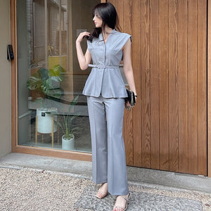 High Quality 2021 Summer 2 Piece Set Elegant Office Lady Sleeveless Slim Blouse And OL Work Long Pants Suit Female