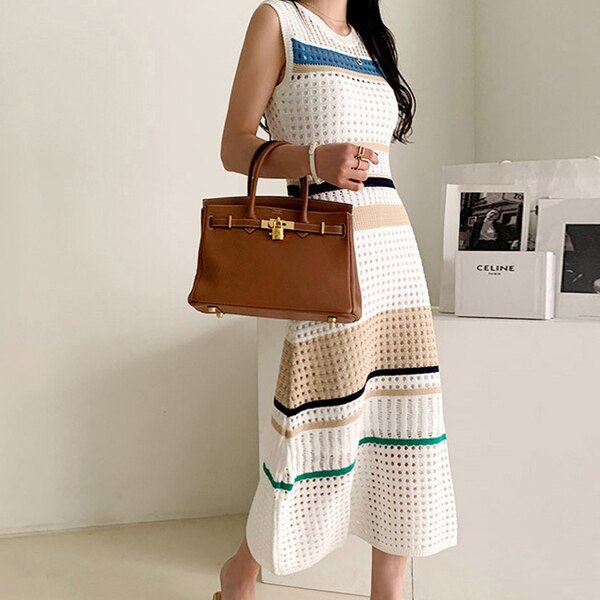 High Quality 2021 Summer Fashion Hollow Out Knitted Dresses Vintage Women Sleeveless Striped Sweater Casual Slim Dress Robe