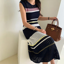 Load image into Gallery viewer, High Quality 2021 Summer Fashion Hollow Out Knitted Dresses Vintage Women Sleeveless Striped Sweater Casual Slim Dress Robe