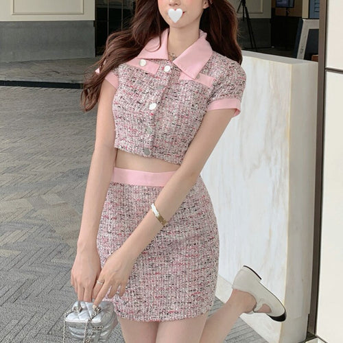 High Quality 2021 Summer Vintage Tweed Two Piece Set Women Short Jacket Coat + Bodycon Mini Skirt Suits Fashion 2 Piece Set