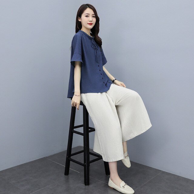 High Quality Cotton Linen Pant Sets Women Tracksuit Button Shirt High Waist Knee-length Pants Two Piece Suit Casual Streetwear