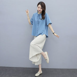 High Quality Cotton Linen Pant Sets Women Tracksuit Button Shirt High Waist Knee-length Pants Two Piece Suit Casual Streetwear