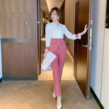 Load image into Gallery viewer, High Quality Designer Autumn Suit Women Pants 2 Piece Set Elegant Office Lady Outfits Hit Color Blouse and Pants Fashion Sets