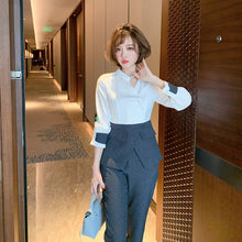 Load image into Gallery viewer, High Quality Designer Autumn Suit Women Pants 2 Piece Set Elegant Office Lady Outfits Hit Color Blouse and Pants Fashion Sets