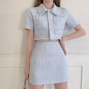 High Quality Female Elegant Skirt Suit   Fashion Tweed Two Piece Set Women Crop Top Mini Skirt Set Two Piece