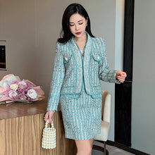 Load image into Gallery viewer, High Quality French Tweed Suits Women&#39;s Autumn New Temperament Beading Jacket Coat + Mini Skirt Sequins Two Piece Set