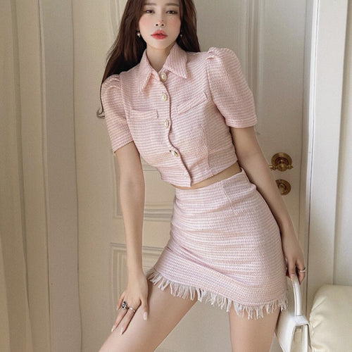 High Quality Korean Sweet Elegant Skirt Suits 2021 New Fashion Tweed Two Piece Set Women Crop Top Mini Skirt Set 2 Piece Outfits