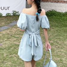Load image into Gallery viewer, High Quality Puff Sleeve Design Pleated Bandage Slim Waist Wide-leg Shorts Jumpsuit Solid Casual Fashion Playsuits Female Romper