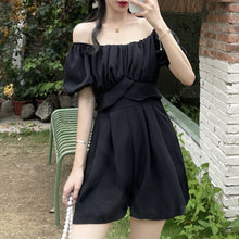 Load image into Gallery viewer, High Quality Puff Sleeve Design Pleated Bandage Slim Waist Wide-leg Shorts Jumpsuit Solid Casual Fashion Playsuits Female Romper