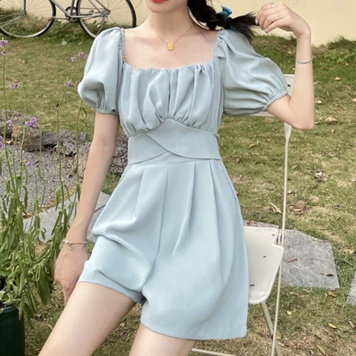 High Quality Puff Sleeve Design Pleated Bandage Slim Waist Wide-leg Shorts Jumpsuit Solid Casual Fashion Playsuits Female Romper