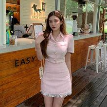 Load image into Gallery viewer, High Quality Summer Streetwear Tweed Two Piece Set Women Single Breasted Crop Top Jacket Coat + High Waist Tassel Skirt Suits