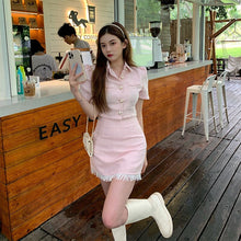 Load image into Gallery viewer, High Quality Summer Streetwear Tweed Two Piece Set Women Single Breasted Crop Top Jacket Coat + High Waist Tassel Skirt Suits