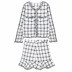 High Quality   Tweed Skirt Set Autumn Winter Runway Woolen Women 2 Piece Set Plaid Jacket Coat + Mermaid Mini Skirt Suits