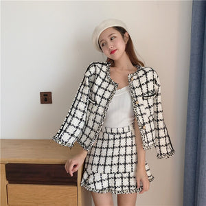 High Quality   Tweed Skirt Set Autumn Winter Runway Woolen Women 2 Piece Set Plaid Jacket Coat + Mermaid Mini Skirt Suits