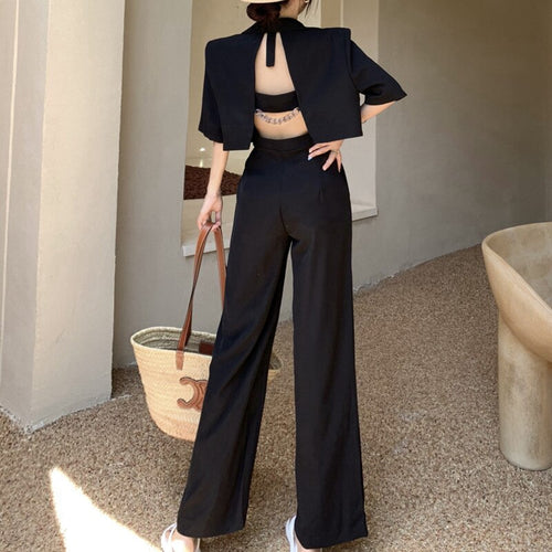 High Quality Two Piece Set Women Crop Top Short Sleeve Coat + Wide Leg Pants Suit Sets Streetwear 2 Piece Sets Womens Outfits