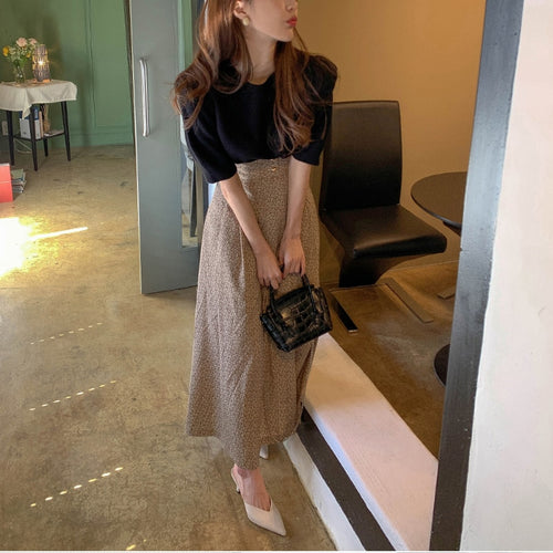 High Waist Pleated Print Skirt Simple Korean Chic A Line Elegant Skirt Women All Match Loose Office Lady Summer New Mujer Faldas
